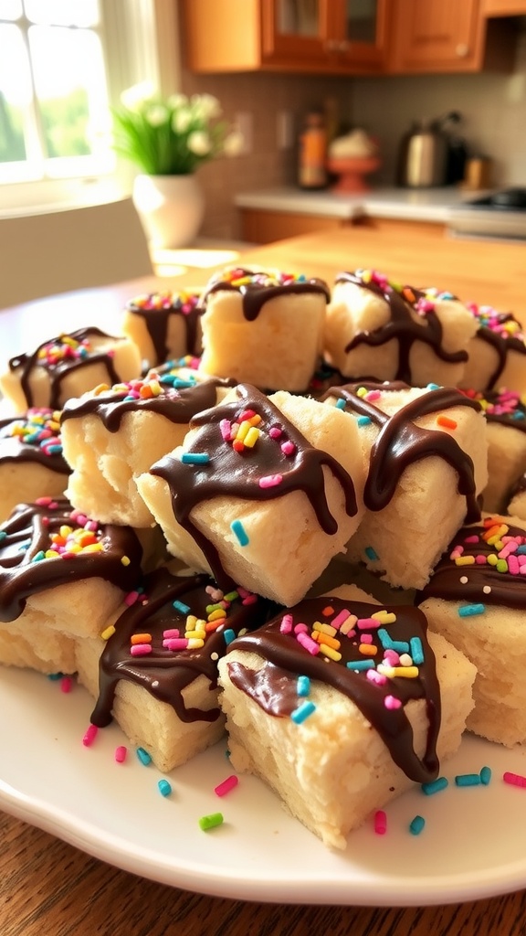 Chocolate-covered Cloud 9 Snacks on a plate, sprinkled with colorful toppings, in a bright kitchen.